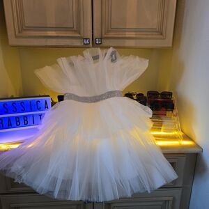 Mable White Tulle Mini Dress with Rhinestone Silver Waist Detail